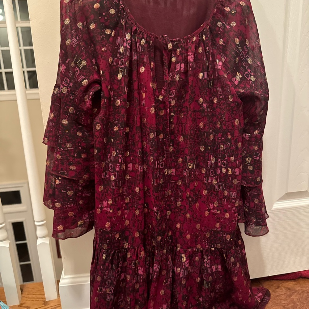En Creme Burgundy Patterned Long Sleeve Dress